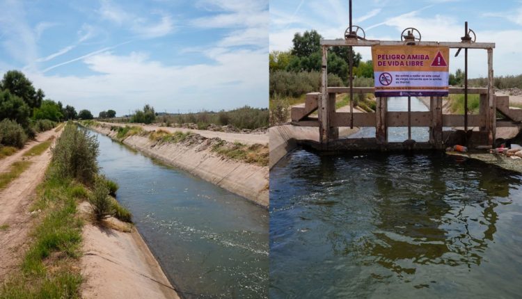 Pozos y letrero de peligro.